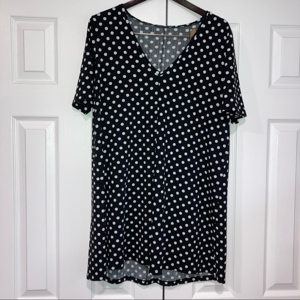 ZARA Short Sleeve Black Shirt Dress White Polka Dots Large V-Neck